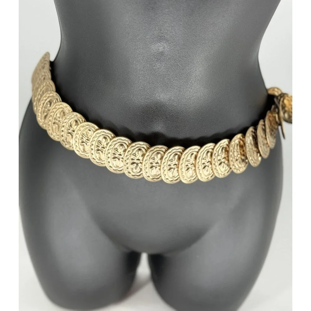 Gold Tone Medallion Stretch Waist Belt Womens One Size Black Elastic Floral Link
